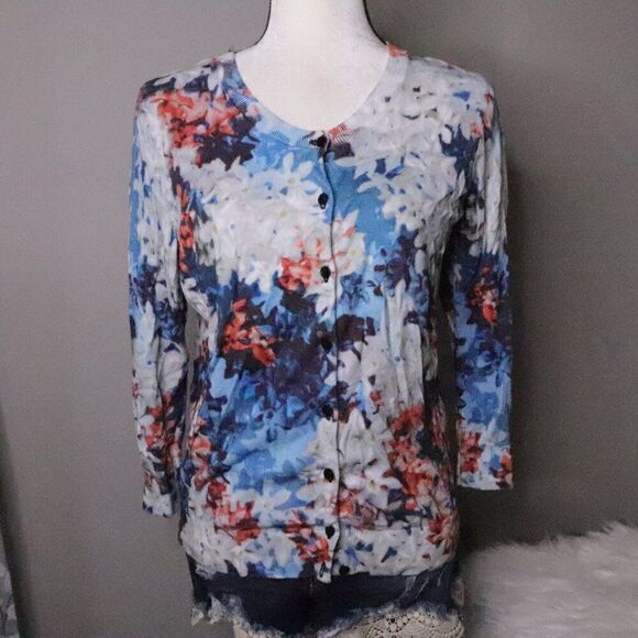 Talbots | Floral Button Up Cardigan Medium 3/4 Sleeves - Picture 2 of 6